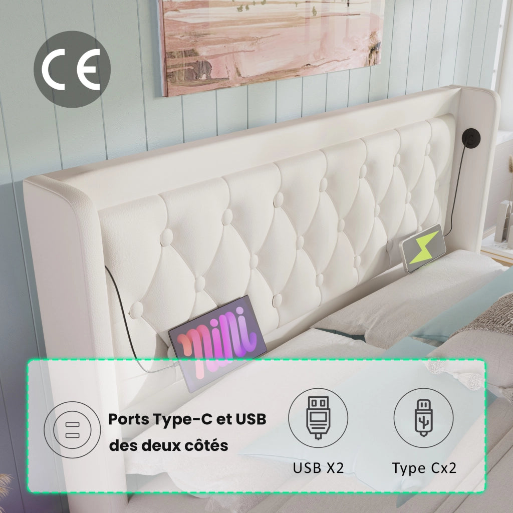 Letto Contenitore Letto Matrimoniale 140 x 200 cm con USB; Tipo C e LED; senza Materasso; in PU; Bianco
