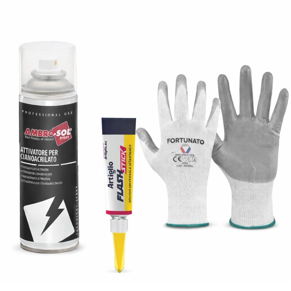 Kit incollaggio istantaneo colla 3 g con attivatore spray 200 ml e guanti