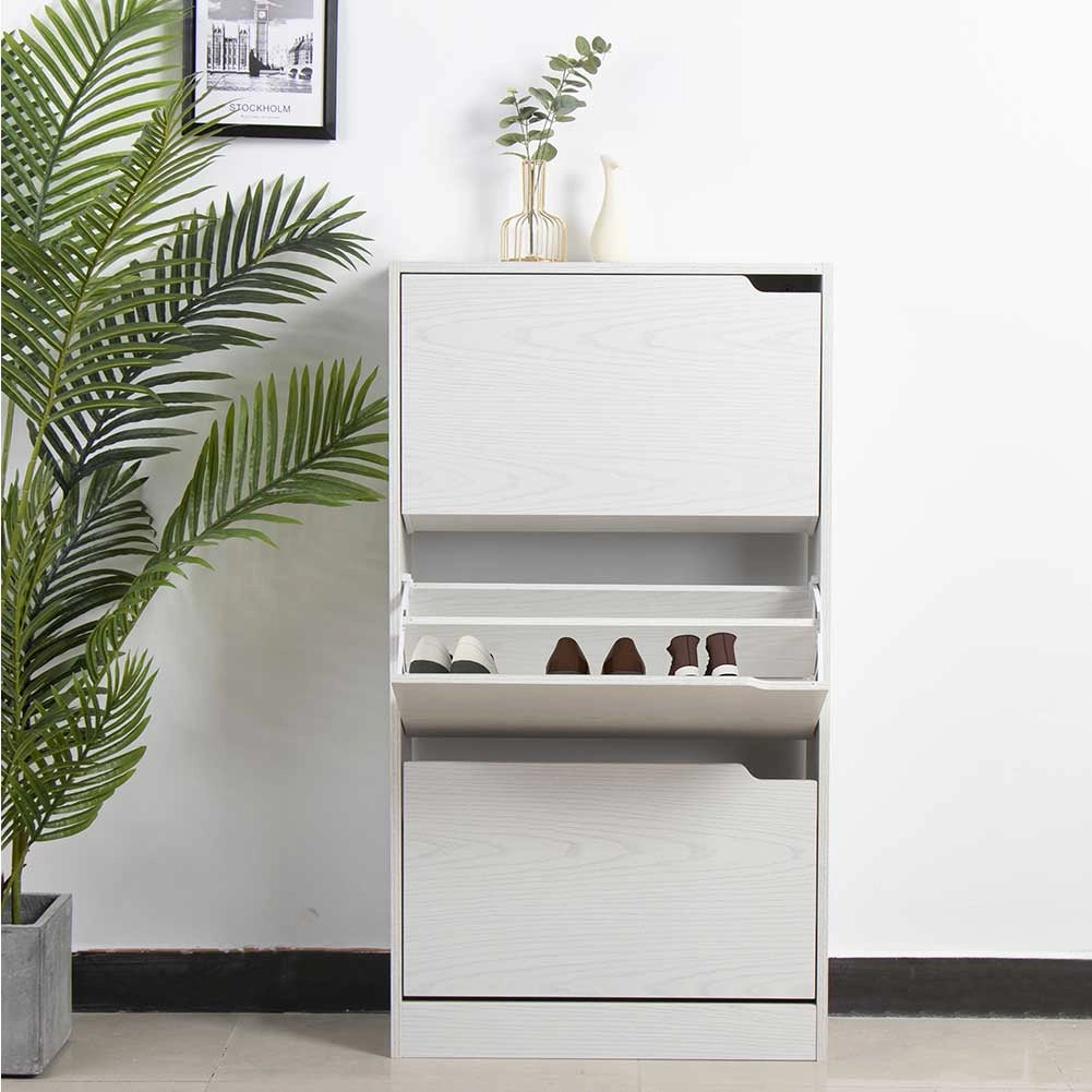 Scarpiera 3 Ante Ripiani Doppia Profondita Legno MDF 63x24x115 Bianco Frassinato