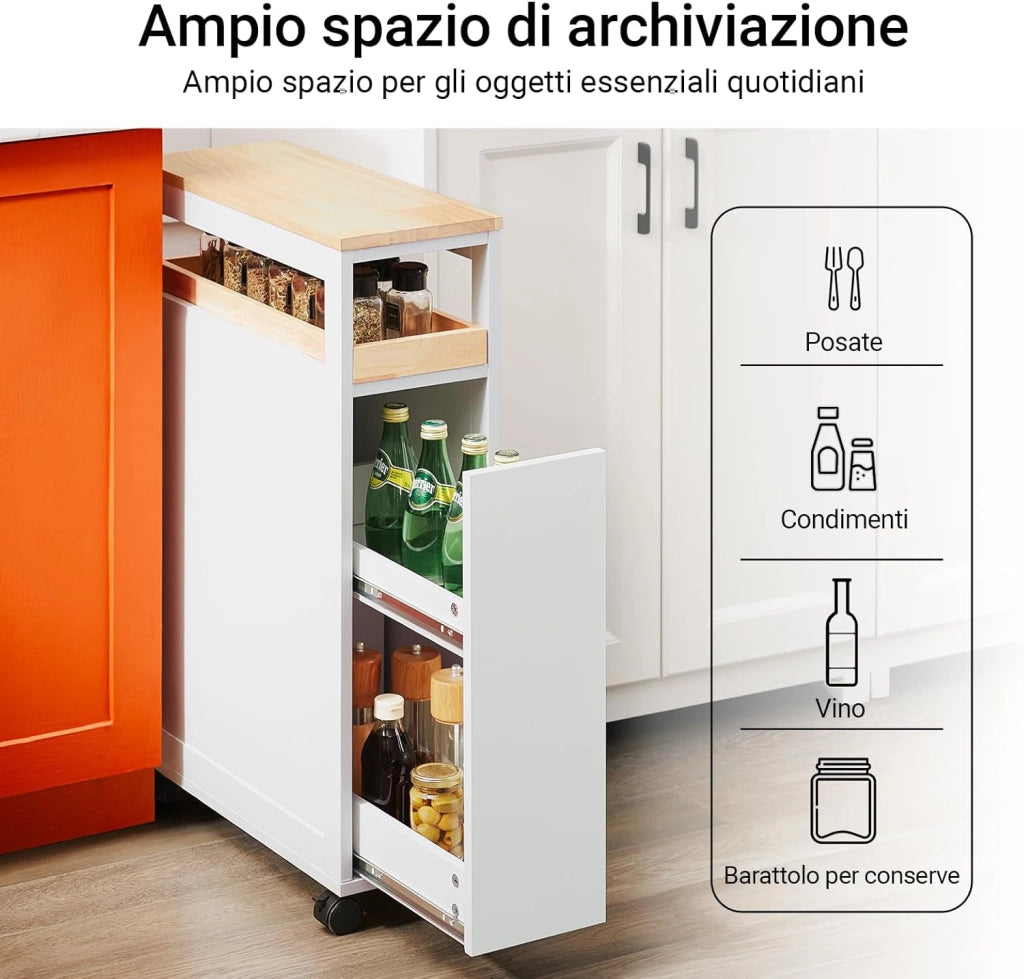Carrello Cucina Salvaspazio Stretto – Mobiletto da Nicchia 20 cm con Ruote, Carrellino Cucina Multifunzione e Mobiletto Salvaspazio Cucina per Cucina e Bagno Bianco & Naturale 20x51x79cmNSR11-WN