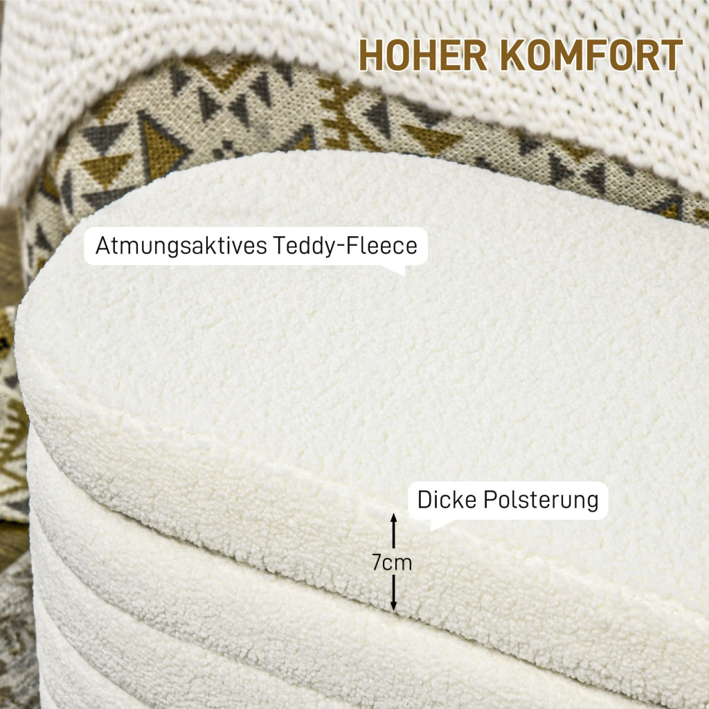Panca da letto con contenitore in poliestere effetto teddy e gambe in legno bianco crema 116 × 41 × 40,5 cm