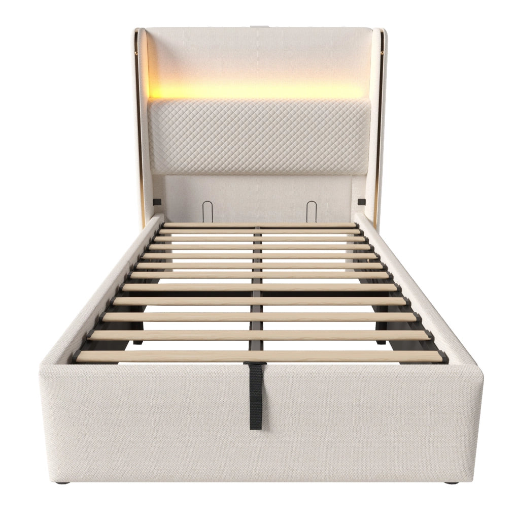 Letto matrimoniale singolo 90x200 cm con testiera alta; LED; stoccaggio e porte USB Type C; beige