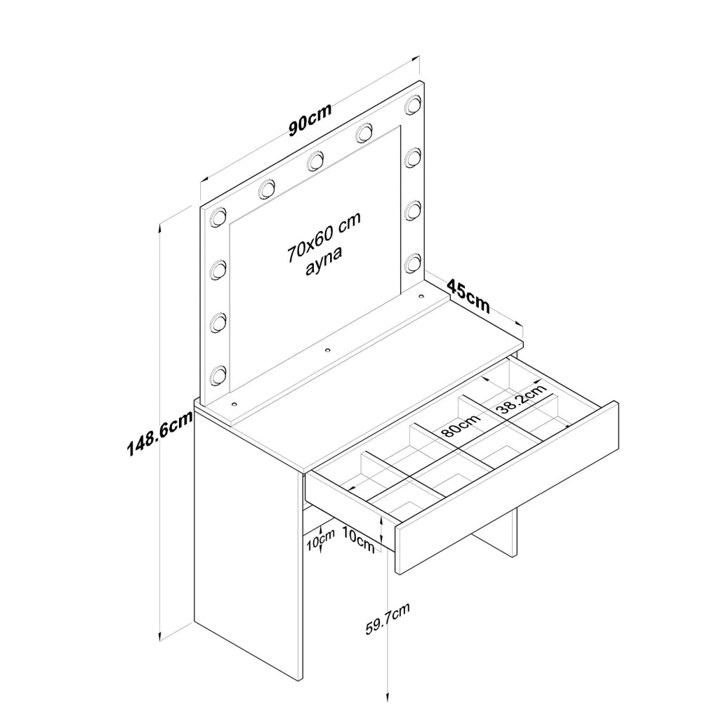 Mobile da Trucco Veggiano, Toeletta Specchio Incluso, 90x45x77h cm Bianco