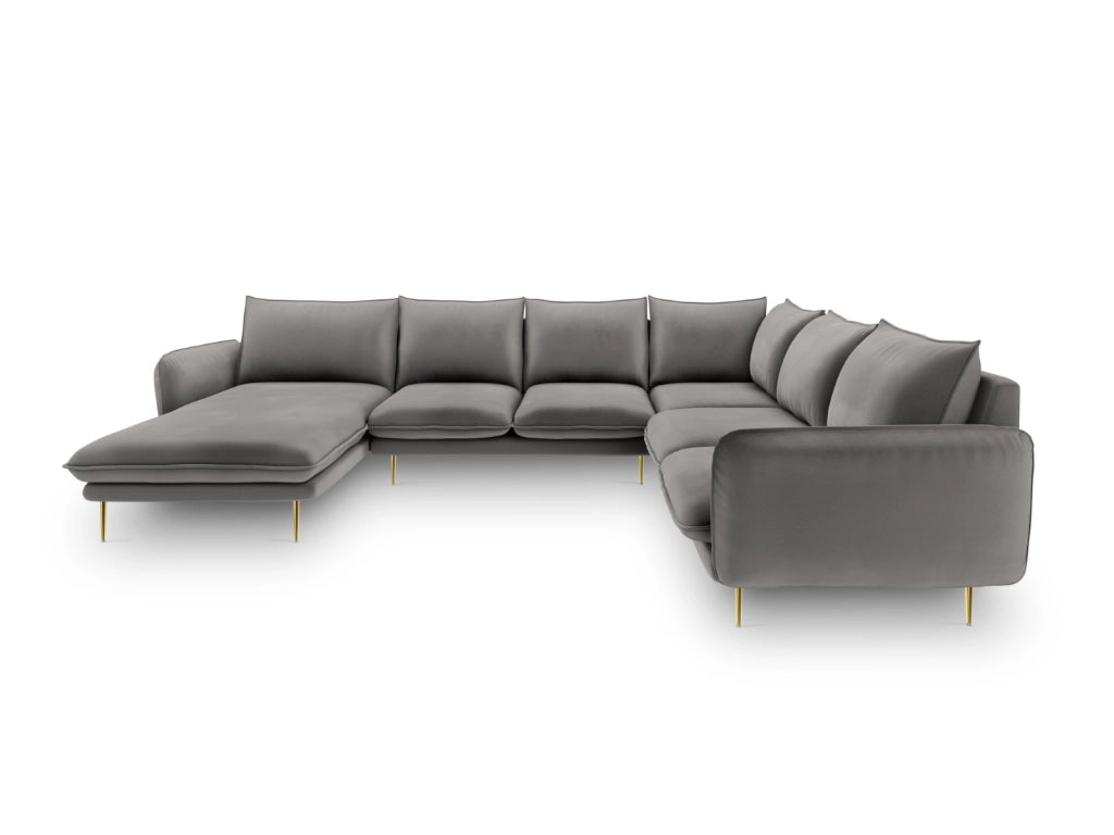 Cosmopolitan Design - Divano panoramico destro "Vienna" 7 posti in velluto grigio chiaro 