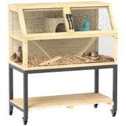Gabbia per Criceti in Legno con Scaffale, Ruote, Rampe, Bottiglia d'Acqua, Casetta, Altalene, 87 x 43 x 101cm, Legno Naturale