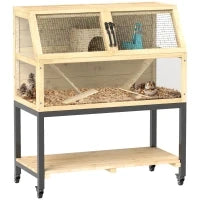 Gabbia per Criceti in Legno con Scaffale, Ruote, Rampe, Bottiglia d'Acqua, Casetta, Altalene, 87 x 43 x 101cm, Legno Naturale
