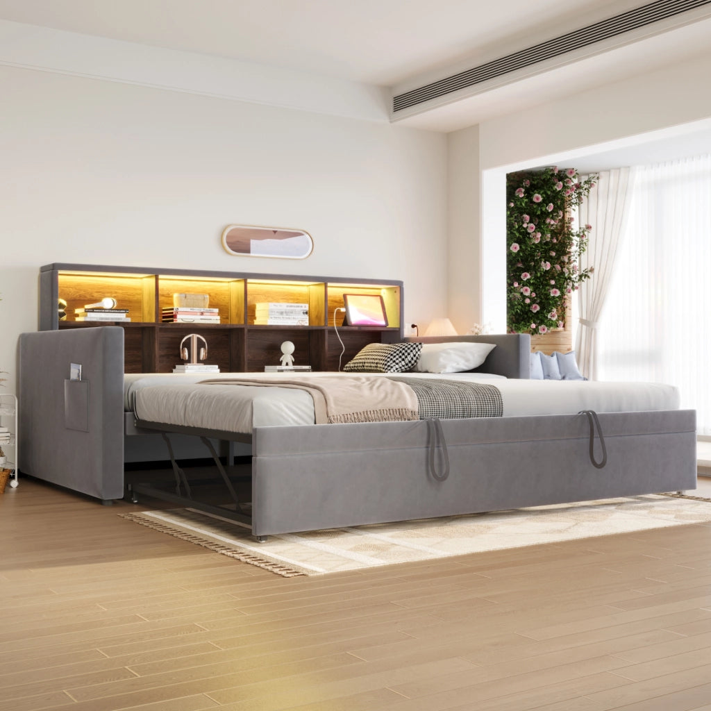 Letto imbottito 90x190 cm con letto estraibile, testiera con vani portaoggetti, LED e prese, velluto grigio scuro