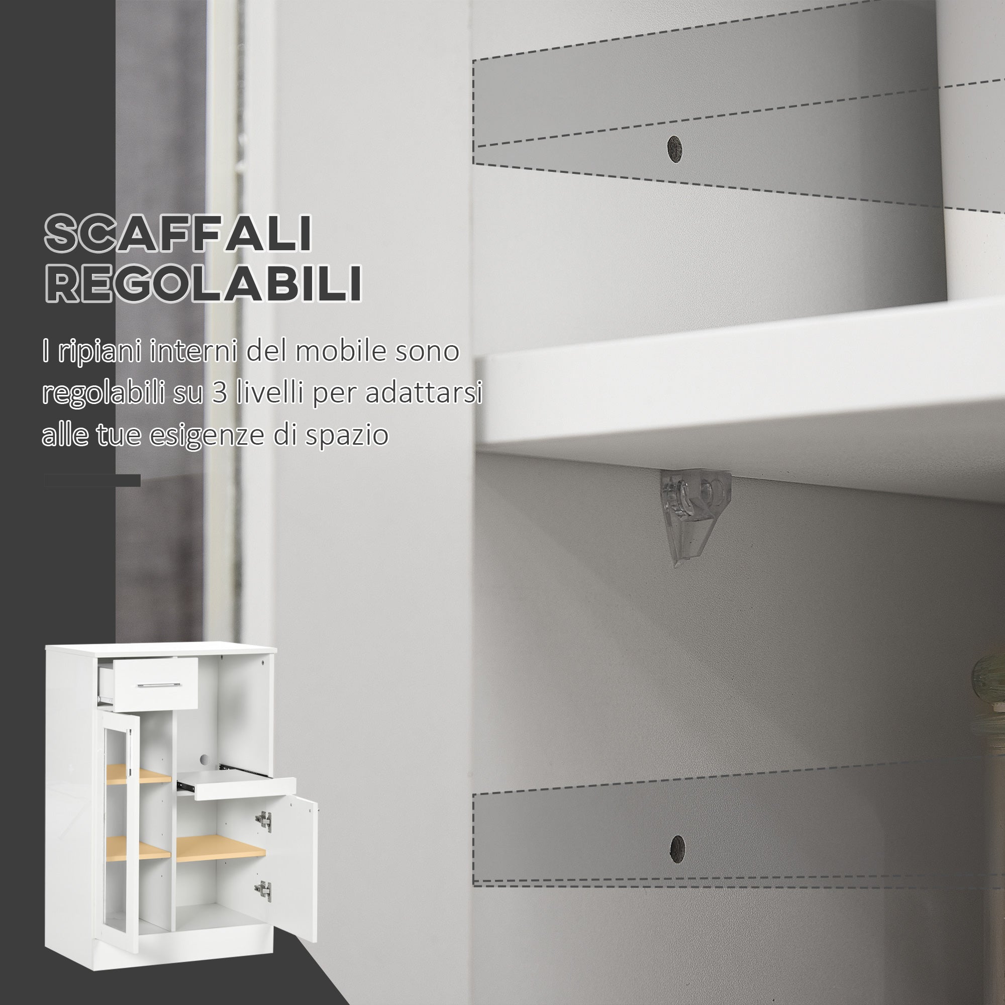 Credenza Moderna 60x40x95 cm Salvaspazio in Legno e Vetro Bianco