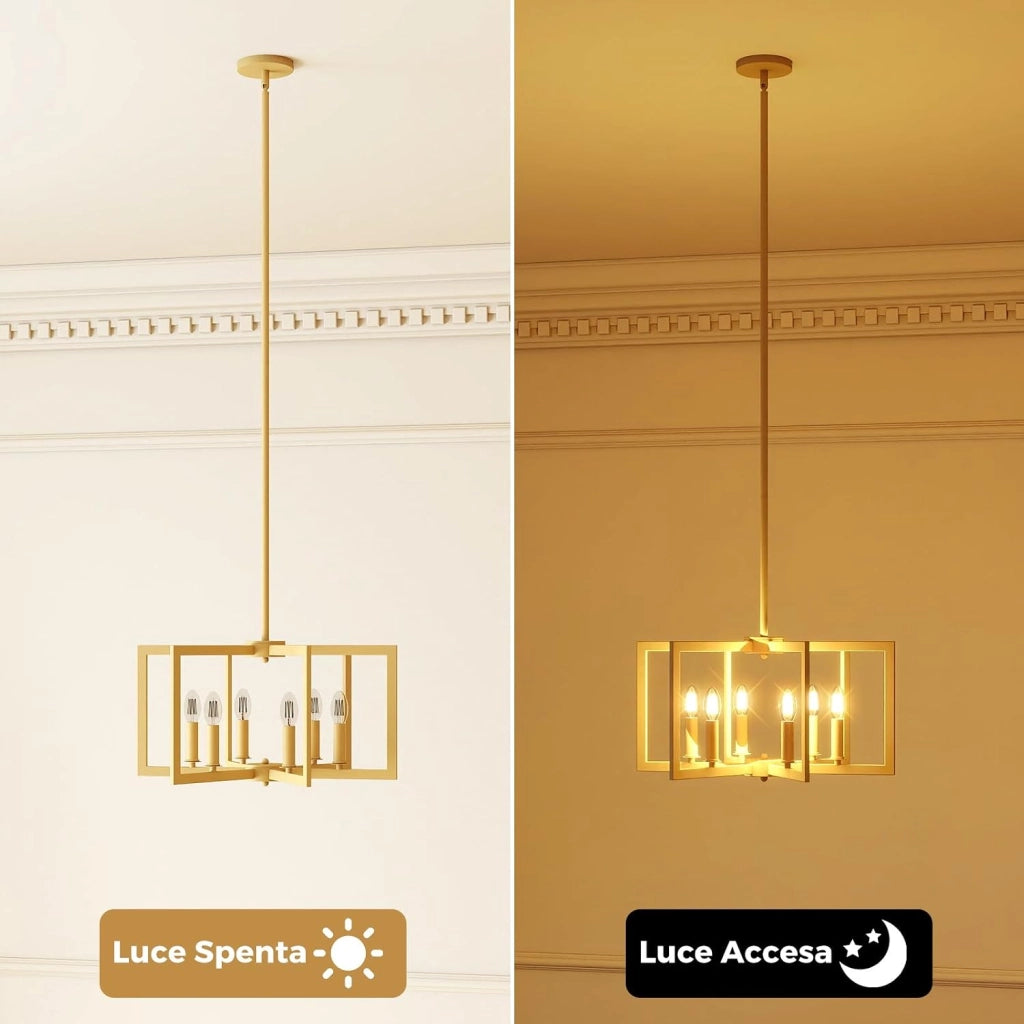 Lampadario a Sospensione a 6 Luci, Lampada a Sospensione Geometrica Moderna in Metallo Industriale con Altezza Regolabile, Lampada da Soffitto per Cucina, Salotto e Camera da Letto (Oro)