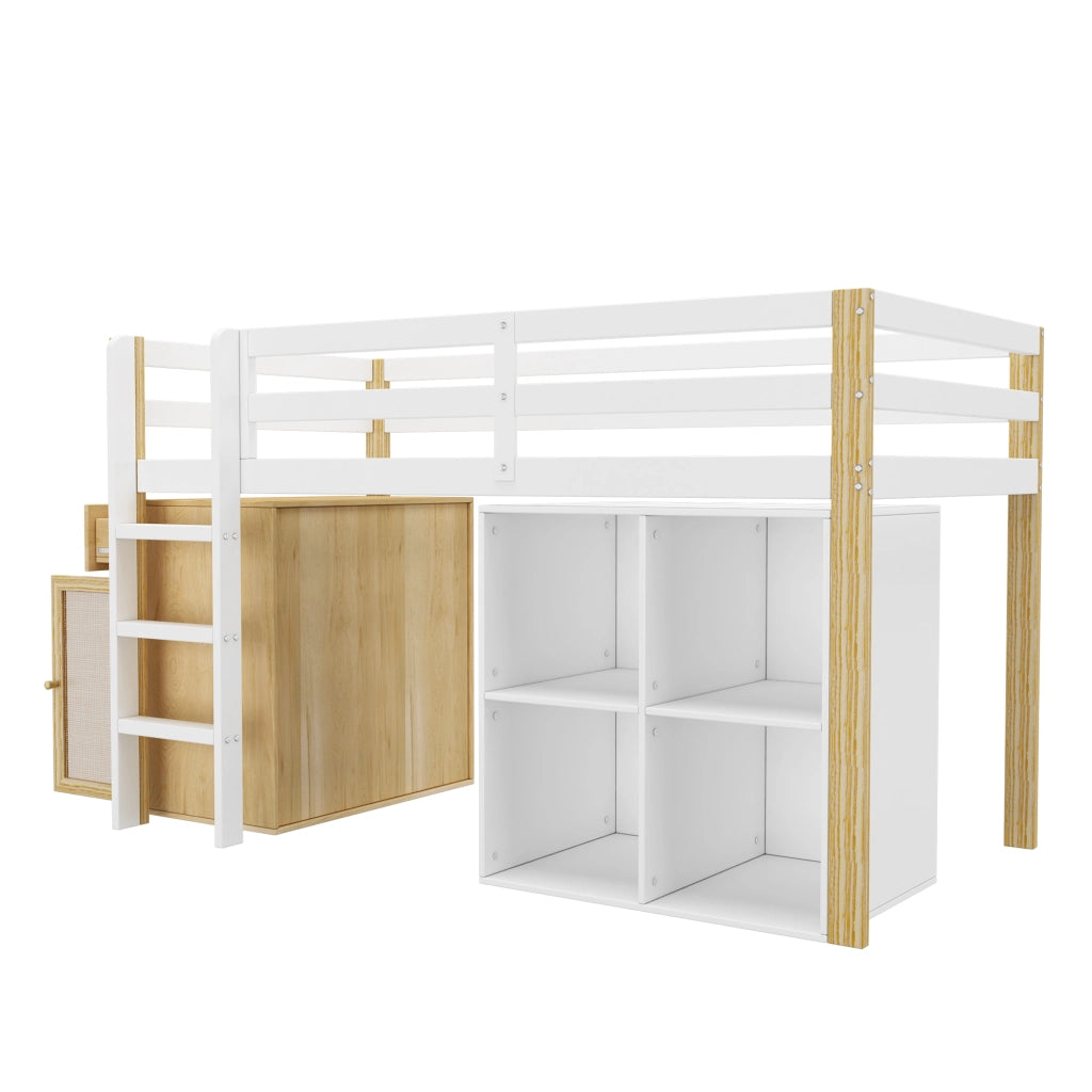 Letto a castello con scaletta 90x200 cm in legno massello bianco naturale