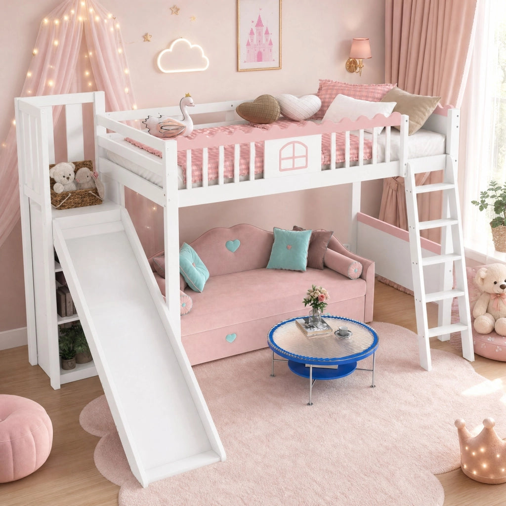 Letto a soppalco per bambini 90x200 cm con scivolo e LED