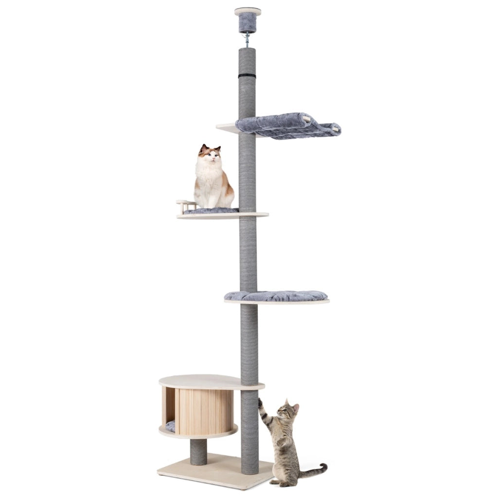 Albero per gatti a soffitto torre per gatti in legno con altezza regolabile, Albero mobili da interno per gatti per arrampicata-Alberi Tiragraffi