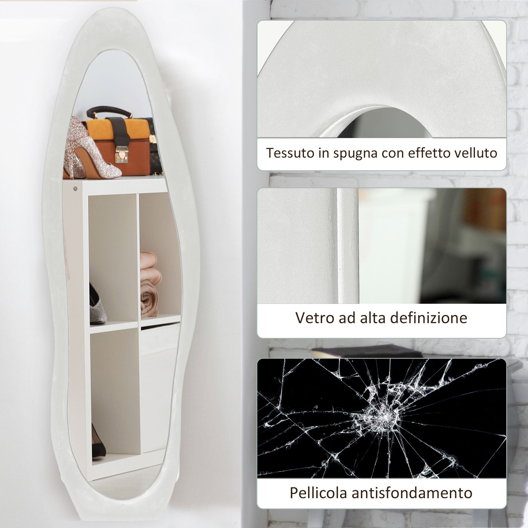 Specchio da Parete o da Terra Autoportante a Figura Intera con Cornice Ondulata in Velluto 160x50 cm Bianco