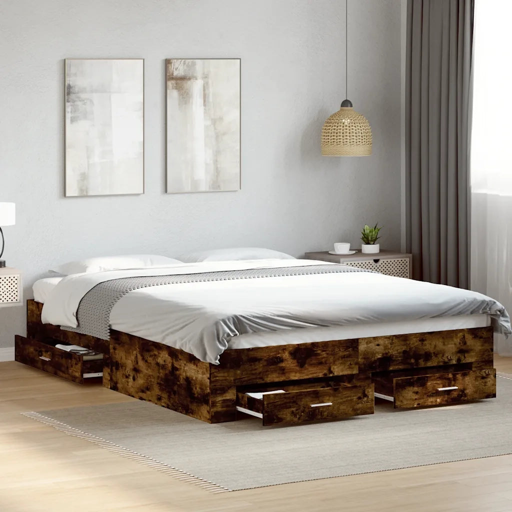 Letto matrimoniale | Letto per adulti | Giroletto con Cassetti Rovere Fumo 150x200 cm Legno Multistrato