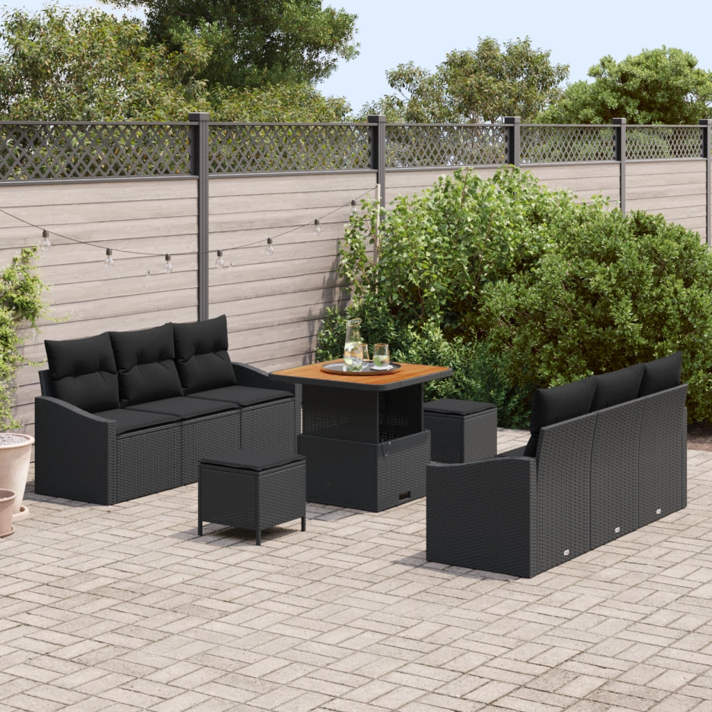 Set Divano da Giardino  9 Pezzi con Cuscini Nero Polyrattan Acacia