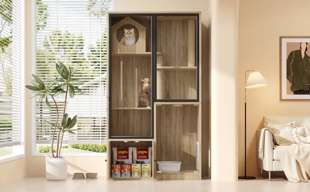 Villa per gatti da interno in MDF e vetro, struttura a più livelli con porta chiudibile, colore naturale