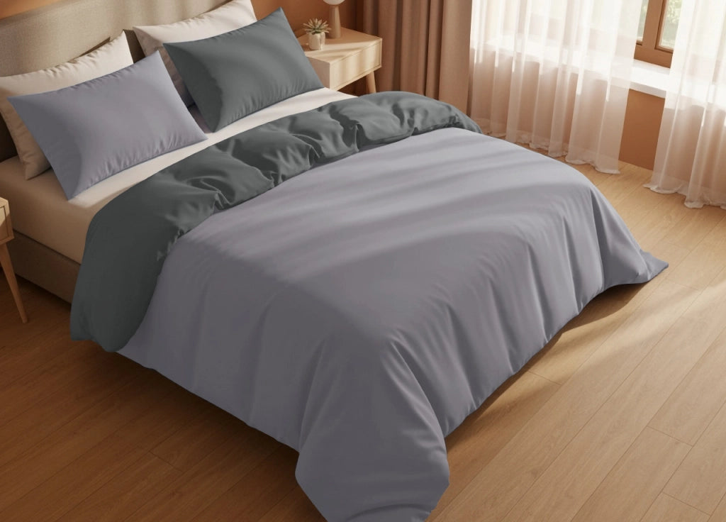 Copripiumino Tinta Unita Bicolor 100% Puro Cotone Made In Italy Doubleface CN - Matrimoniale - Grigio Ch-Grigio Sc
