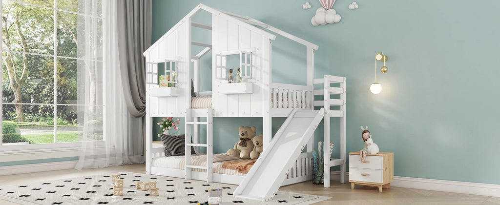 Letto a castello per bambini con scivolo e finestre, 90x200 cm, bianco
