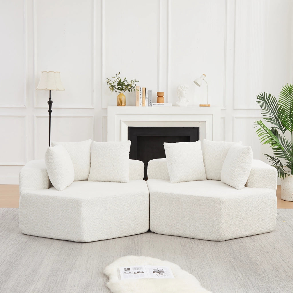 Poltrona da salotto modulare esagonale con tre cuscini e rivestimento in ciniglia beige con molle e schiuma