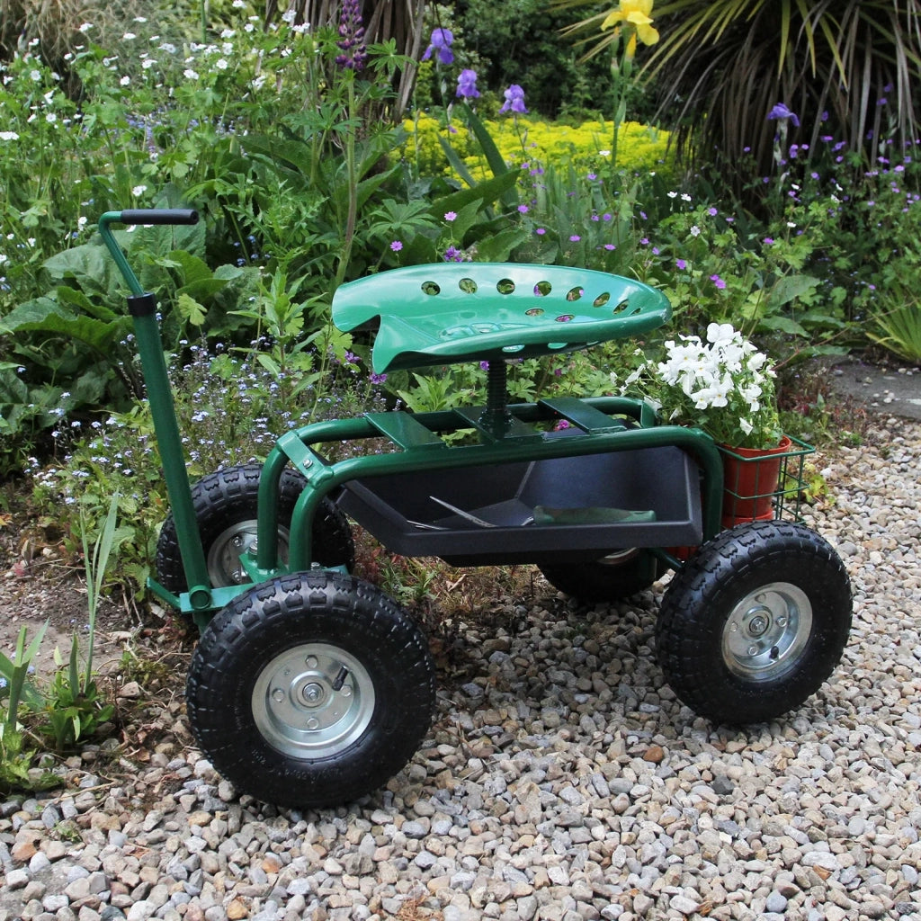 Sgabello Ruotato da Giardino Girevole e Aggiustabile Ruote e Porta Oggetti 150kg