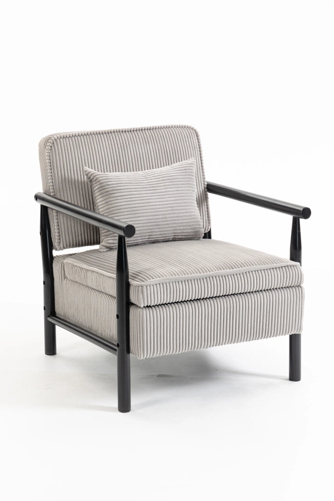Poltrona contenitore in velluto grigio chiaro con struttura in legno e cuscino lombare