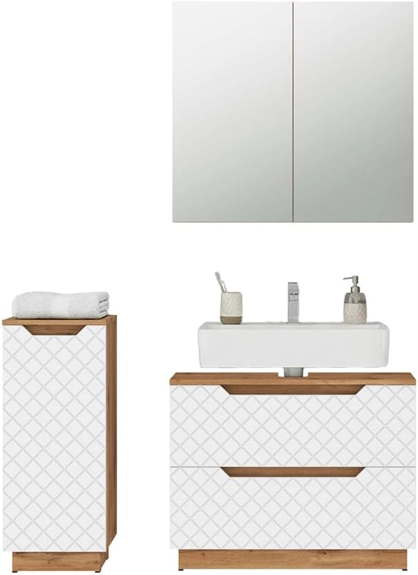 Set di mobili da bagno Lotta, Bianco, 79.6 cm, composto da mobile sottolavabo, specchiera e mobile medio