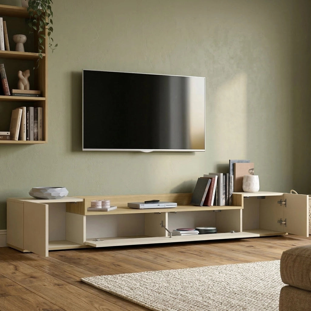 Oxanna, Mobile Porta tv 3 Ripiani Made in Italy, 200x35x30h cm Bianco Cashmere