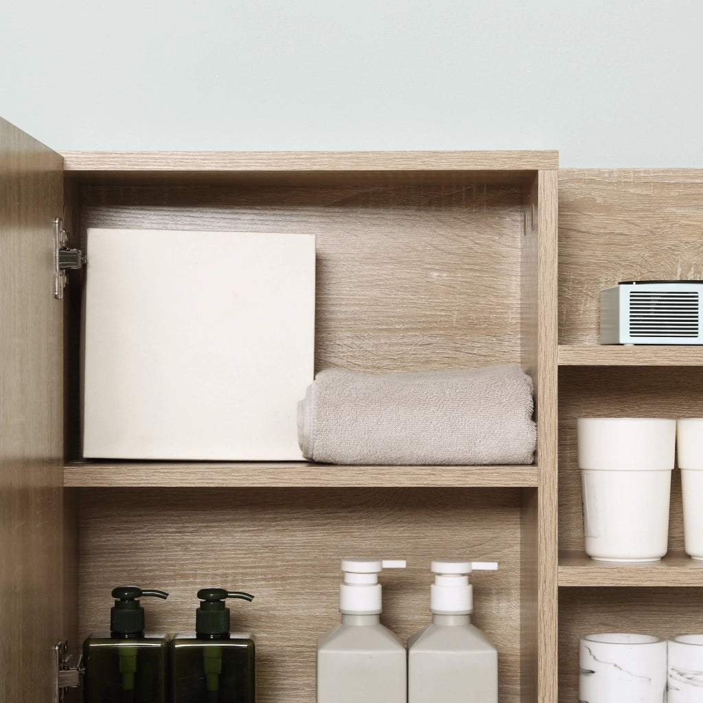 Specchiera Bagno a Parete con Anta e 3 Ripiani Laterali in Legno, 60x18x50cm