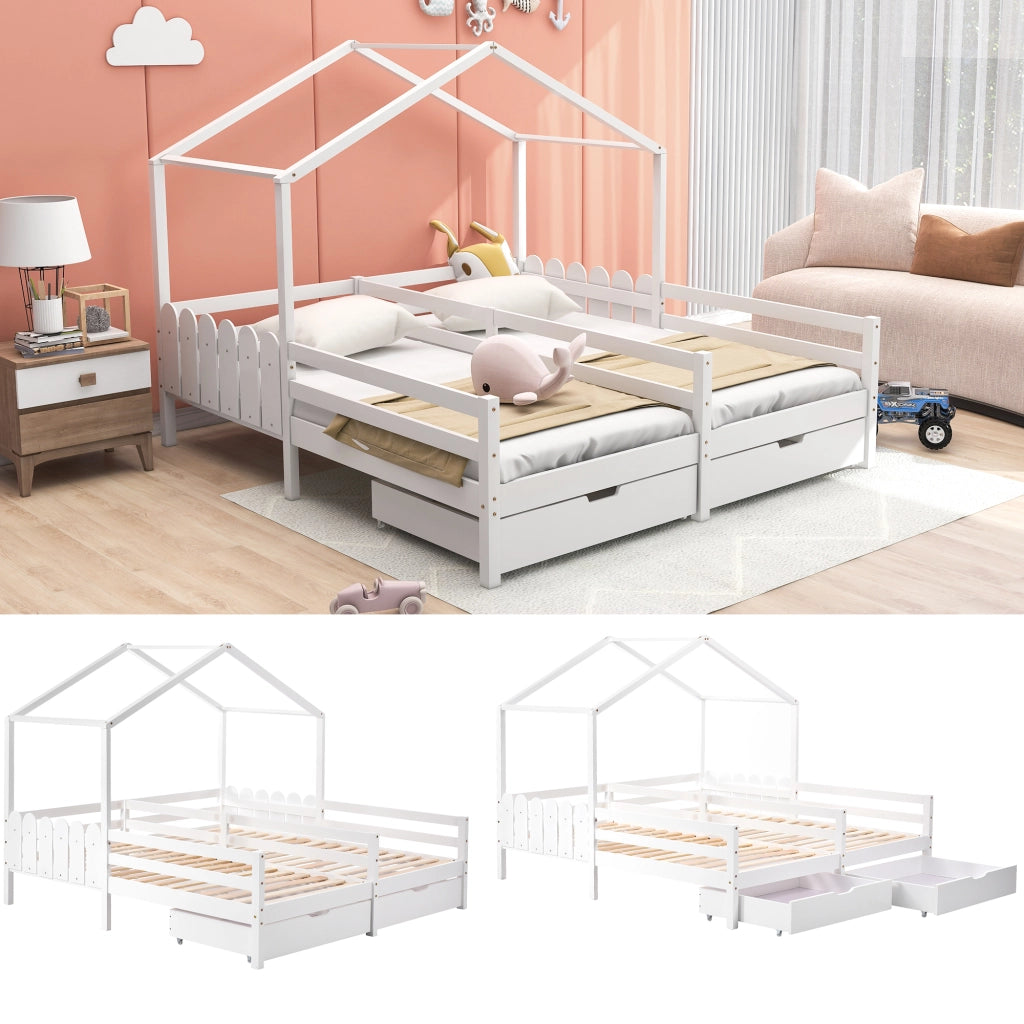 Letto Casetta 200x90 cm e 200x90 cm; Letto Matrimoniale con 2 Cassetti - Bianco