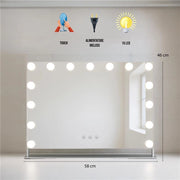 SPECCHIO RETTANGOLARE  HOLLYWOOD DA TAVOLO CON 15 LED CON 3 LUCI REGOLABILI, ACCENSIONE TOUCH CON SPINA DIMENSIONE 58X46 CM