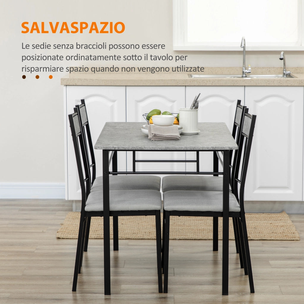EasyComfort Set Tavolo e Sedie 5pz, Tavolo da Pranzo Rettangolare in Metallo e MDF e 4 Sedie da Pranzo Grigio e Nero