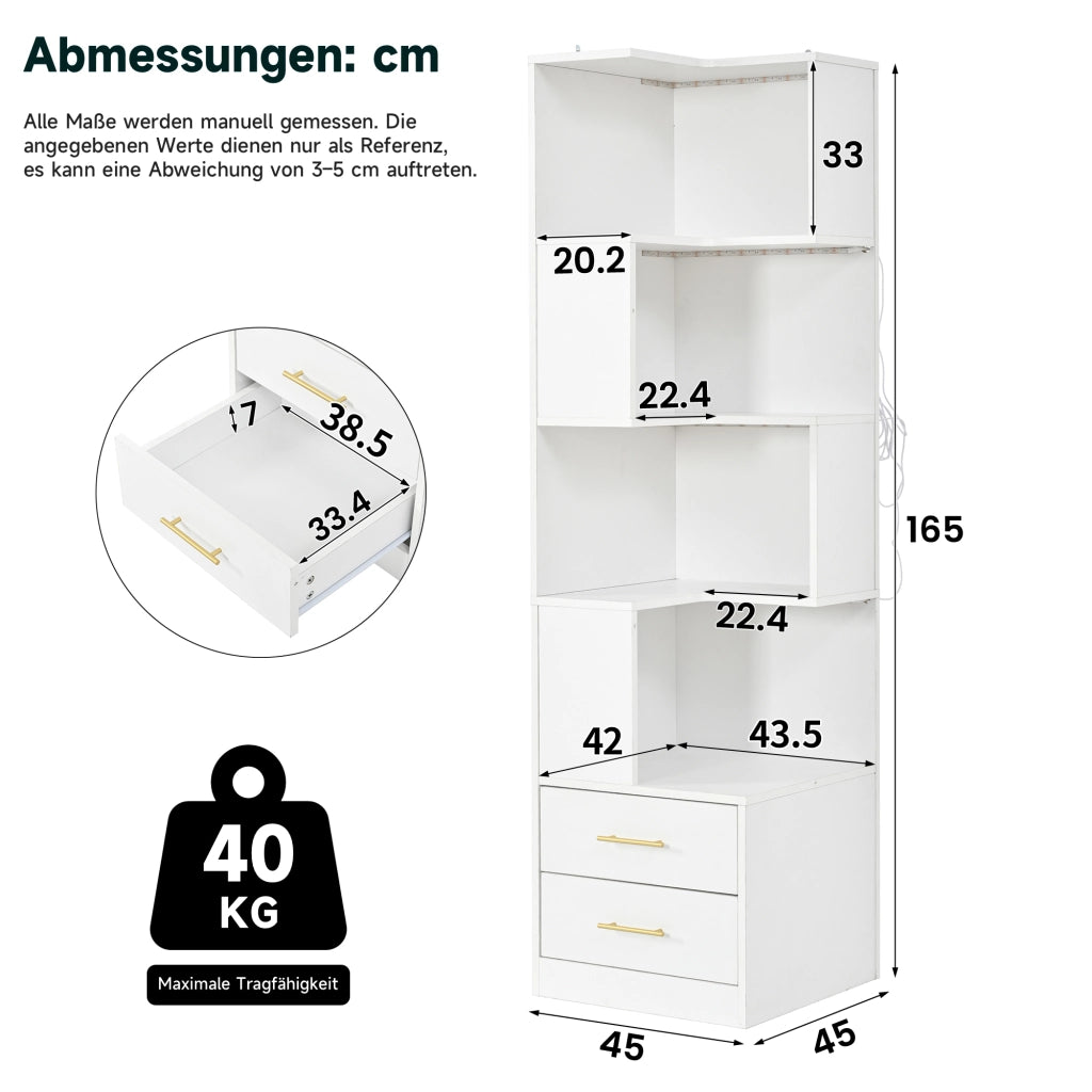 Libreria angolare con LED e 2 cassetti 4 ripiani aperti per soggiorno e camera da letto bianca 165 × 45 × 45 cm