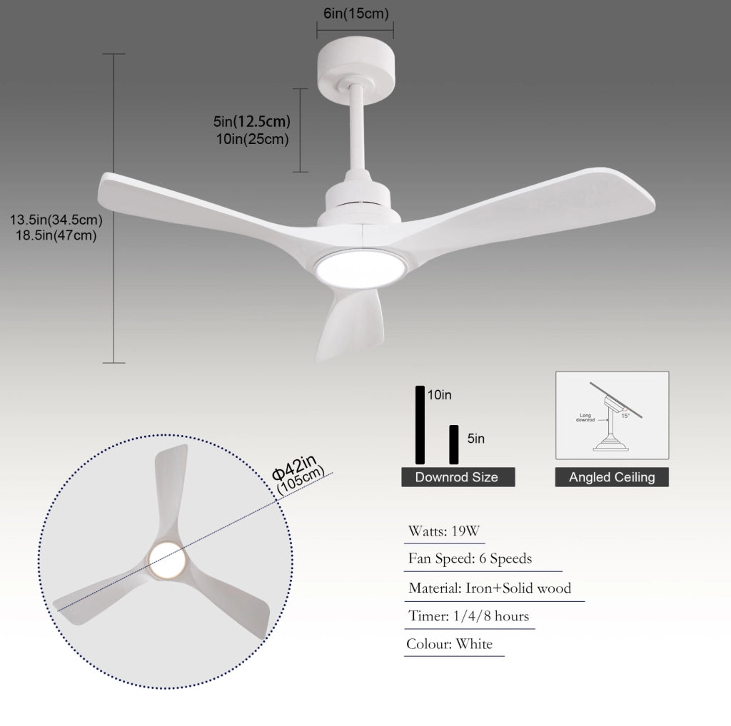Ventilatore da soffitto 42" con luce LED; 6 velocità; motore DC reversibile; bianco