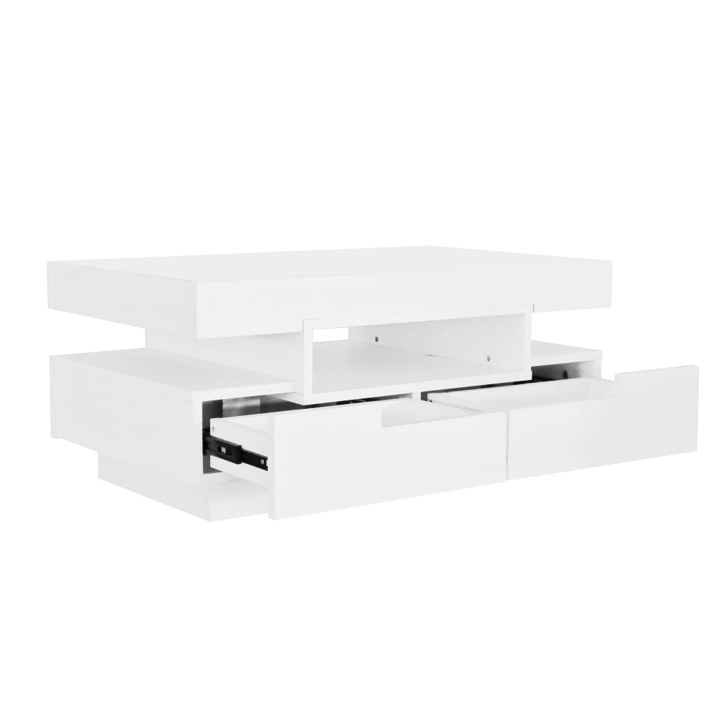 Tavolino da caffè con 4 Cassetti e 3 Vani Aperti; Striscia LED; Bianco Lucido; Stile Moderno; in Pannello truciolare; 80×50×36 cm