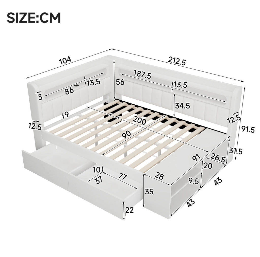 Letto imbottito 90x200 cm bianco con LED 7 colori, USB, 2 cassetti e scarpiera