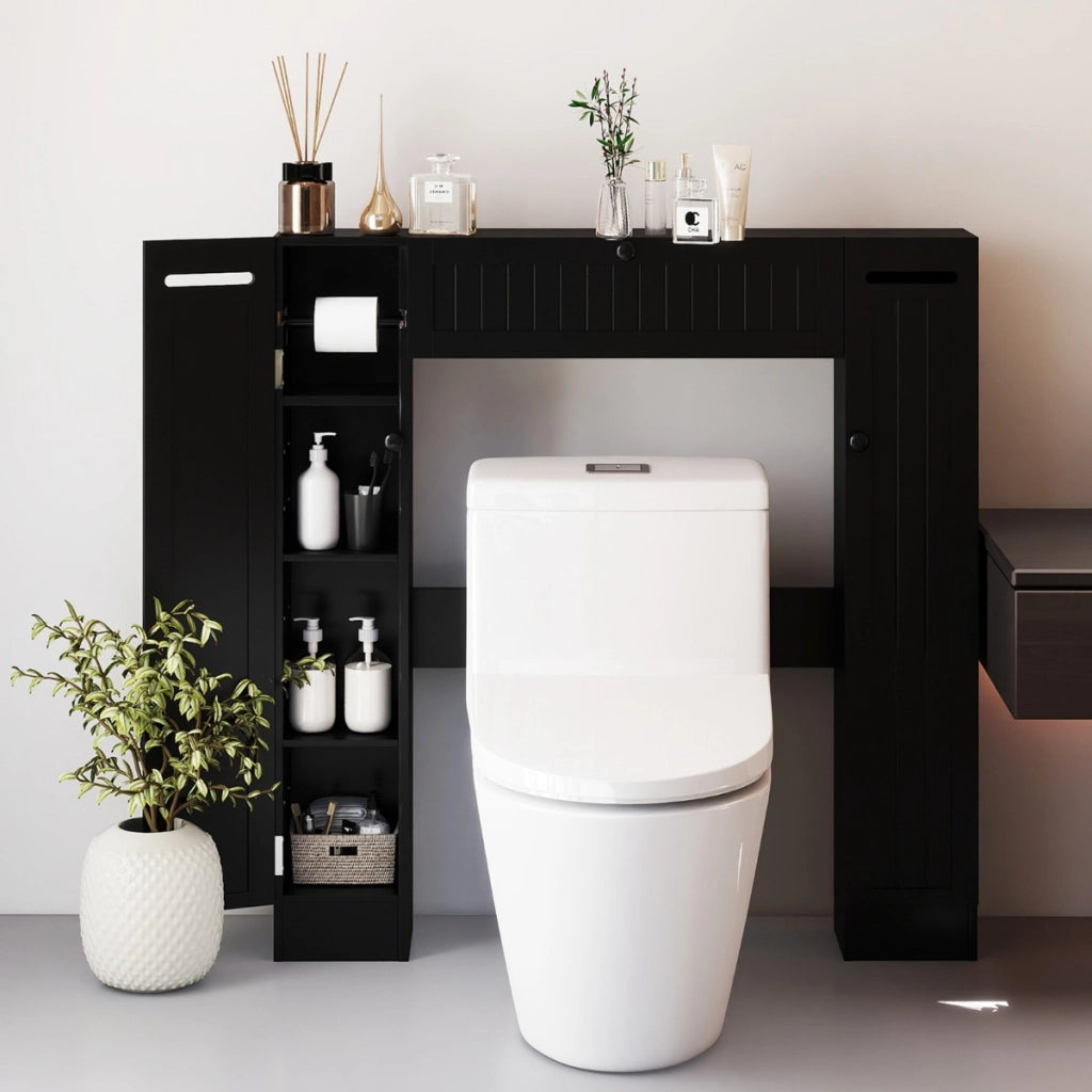 Mobile sopra il wc con ripiani regolabili portarotolo per carta igienica, Mobile per bagno salvaspazio Nero-Armadietti da bagno