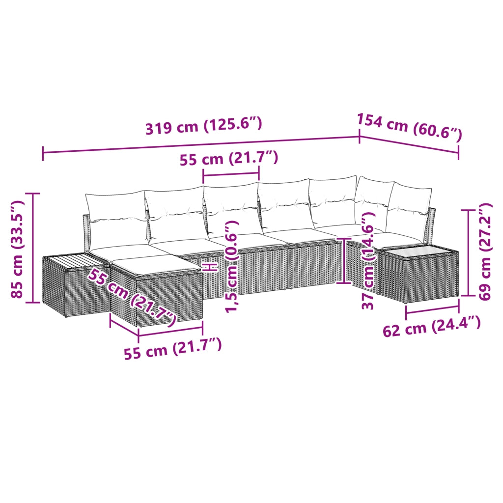 Set di Divani da Giardino a 7 Pezzi con Cuscini Grigia in Polyrattan Acacia