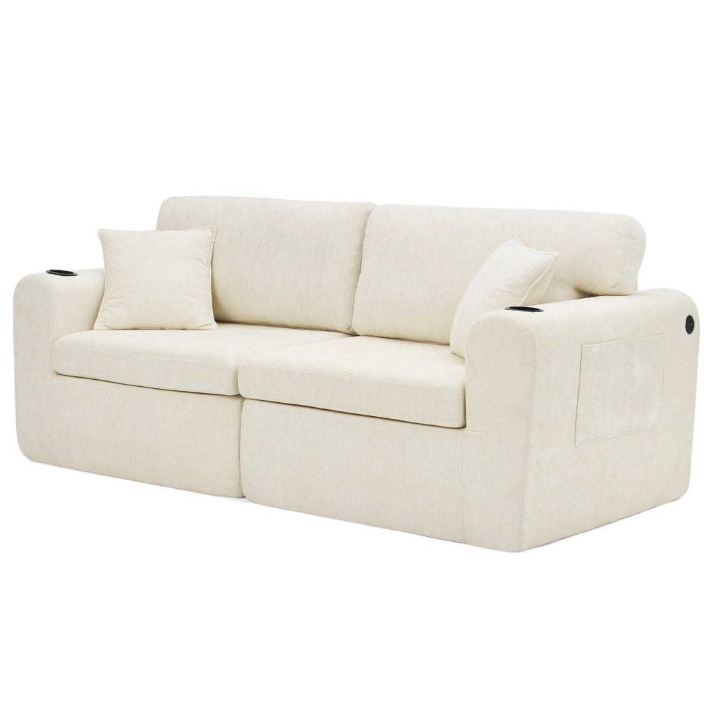 Divano lineare 2 posti con tasca laterale; portabicchieri e USB in chenille beige