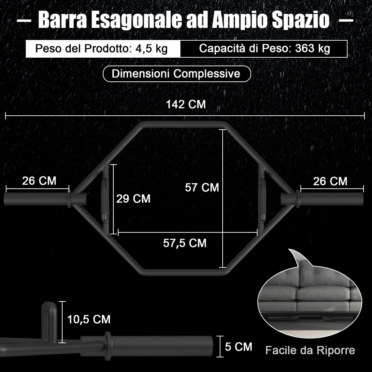 Barra esagonale pieghevole con manici zigrinati di sicurezza, Barra esagonale pieghevole per sollevamento pesi Nero-Sollevamento pesi