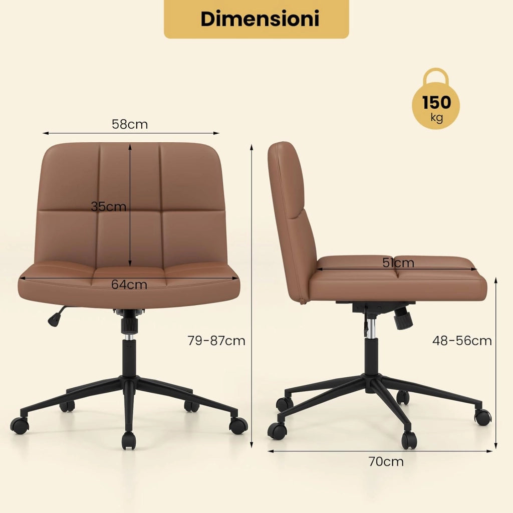 Sedia da Ufficio con Ruote, Sedia Scrivania a Gambe Incrociate Rivestita in Similpelle, Sedia Ufficio con Altezza e Regolabile Regolabile, Sedia senza Braccioli, Portata 150 kg (Marrone)