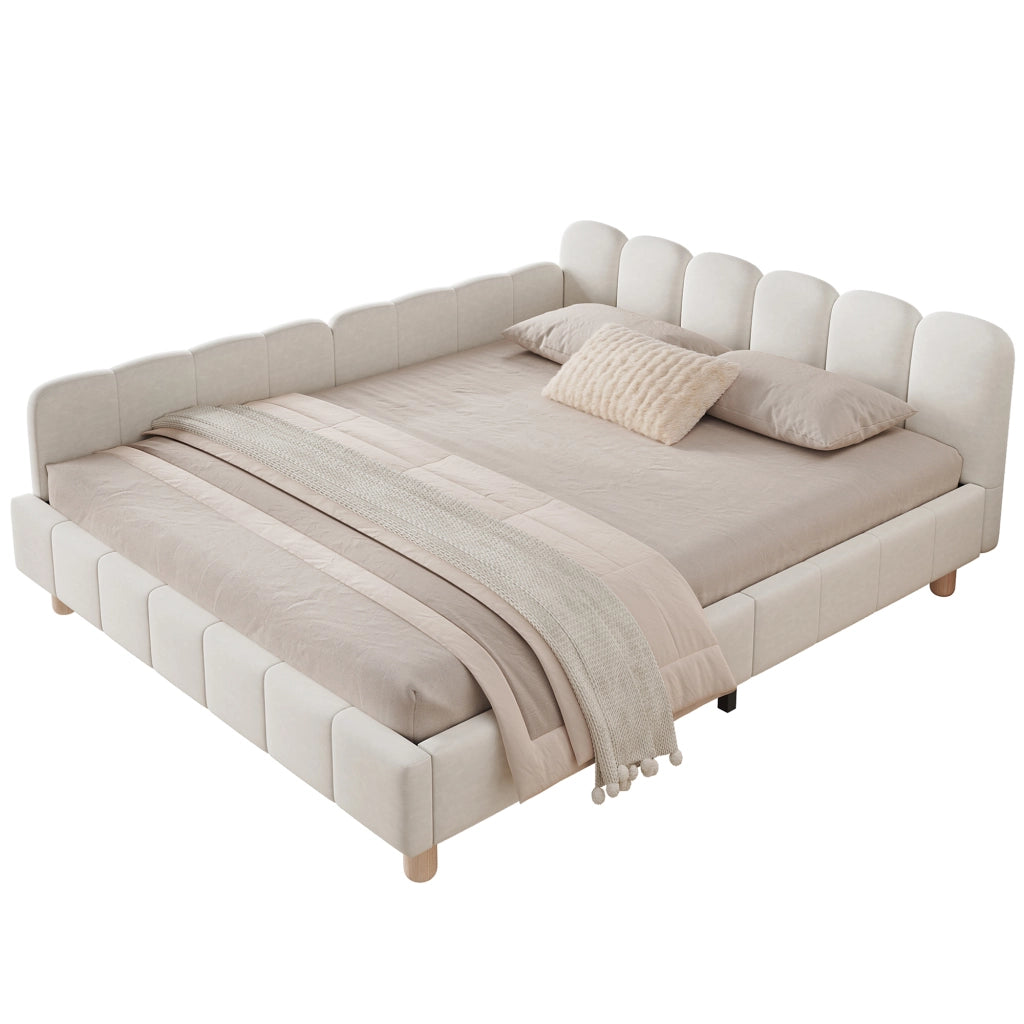 Letto imbottito 140x190 cm con testiera ergonomica e braccioli regolabili in velluto beige