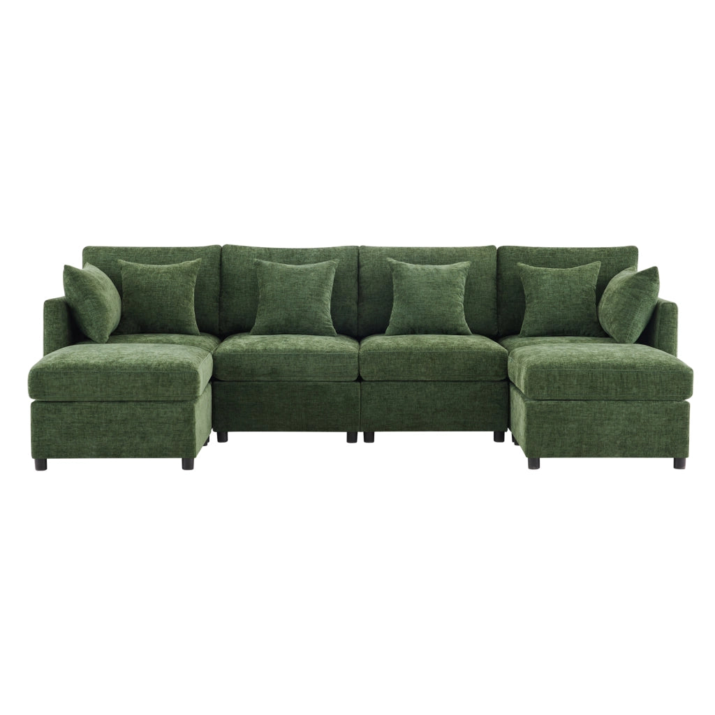 Divano Modulare Angolare con Poggiapiedi e Cuscini in Tessuto Chenille ¨C MINIMAL ¨C Verde