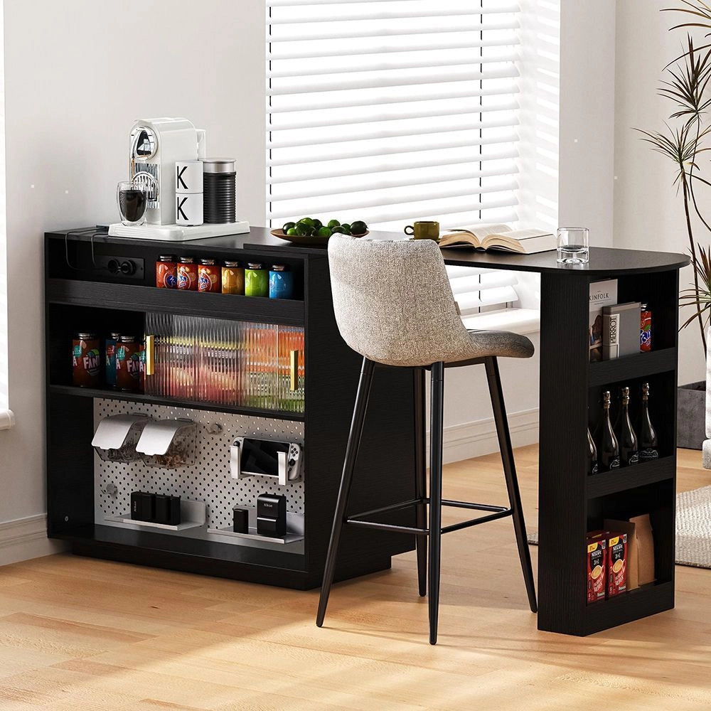 Tavolo bar estensibile girevole 360¡ã - Xylo - LED, spazio di archiviazione, buffet reversibile con pannello forato e prese elettriche, nero