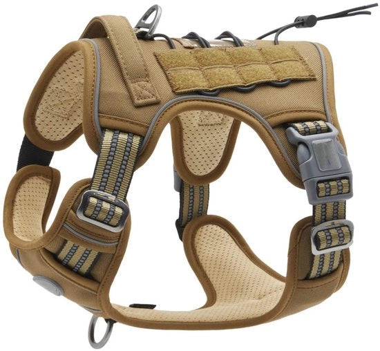 Harnes anti trazione per cani, Harnes tattico per cani con respirazione regolabile facile da mettere per cani di taglia media, Giacca riflettente duratura, Materiale militare Taglia L, Marrone Verde
