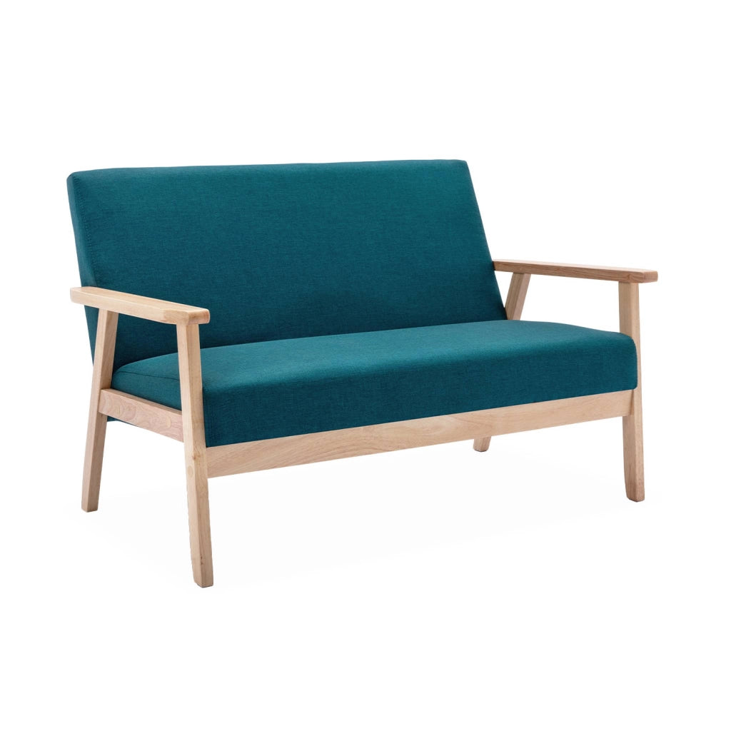 Divano in tessuto con gambe in legno di gomma, 2 posti, blu smeraldo