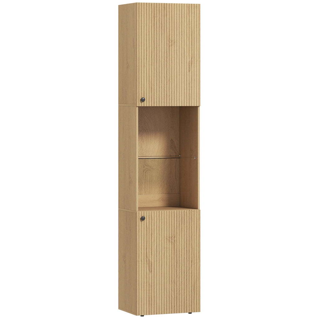 Mobile da Bagno a Colonna Slim 40x31x182H cm 6 Ripiani 2 Ante e Ripiano in Vetro Temperato in MDF Rovere