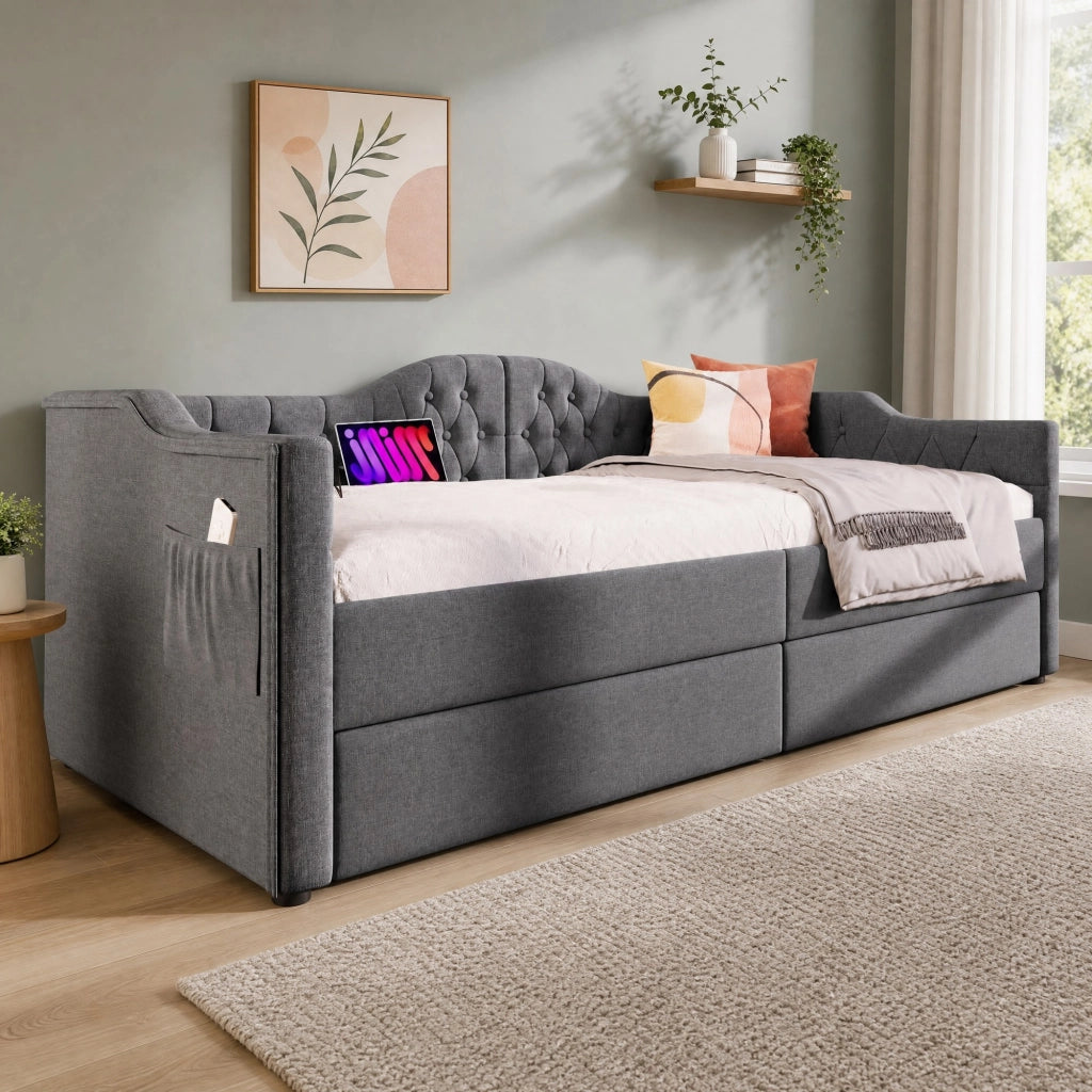 DESMIU Letto a giorno 90 × 190 cm 1 posto con USB, Type-C, 2 cassetti, senza materasso, grigio lino