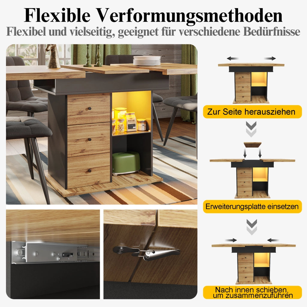 TAVOLO ALLUNGABILE 110-140x80 cm MDF Nero/Naturale con LED e USB