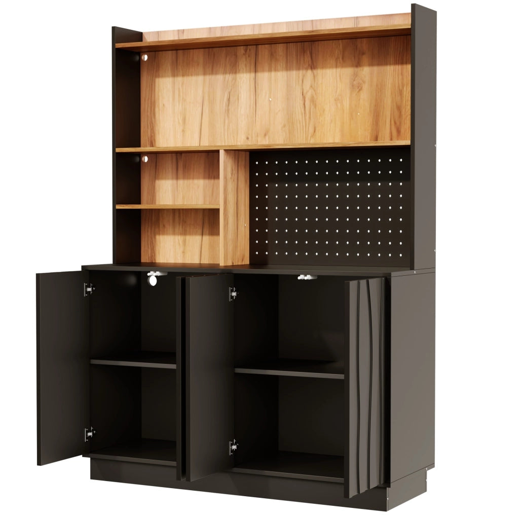 Mobile da cucina 120x43x160 cm con LED RGB, prese e porte USB in MDF nero e naturale