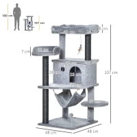 Albero Tiragraffi per Gatti con Palo, Casetta, Letto, Amaca e 2 Giochi in Legno e Peluche, 48x48x107 cm, Grigio